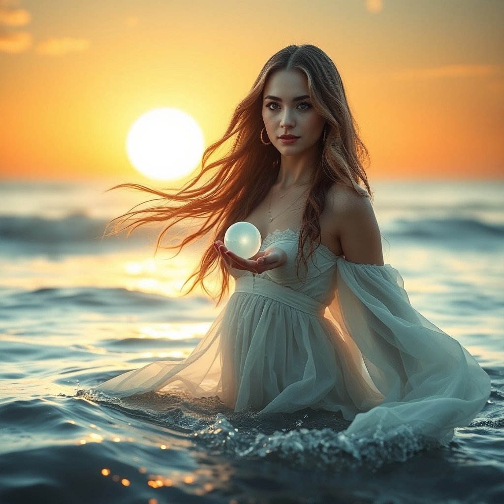 A serene and enchanting scene featuring a woman gracefully emerging from the ocean waters, holding a luminous pearl in her hand