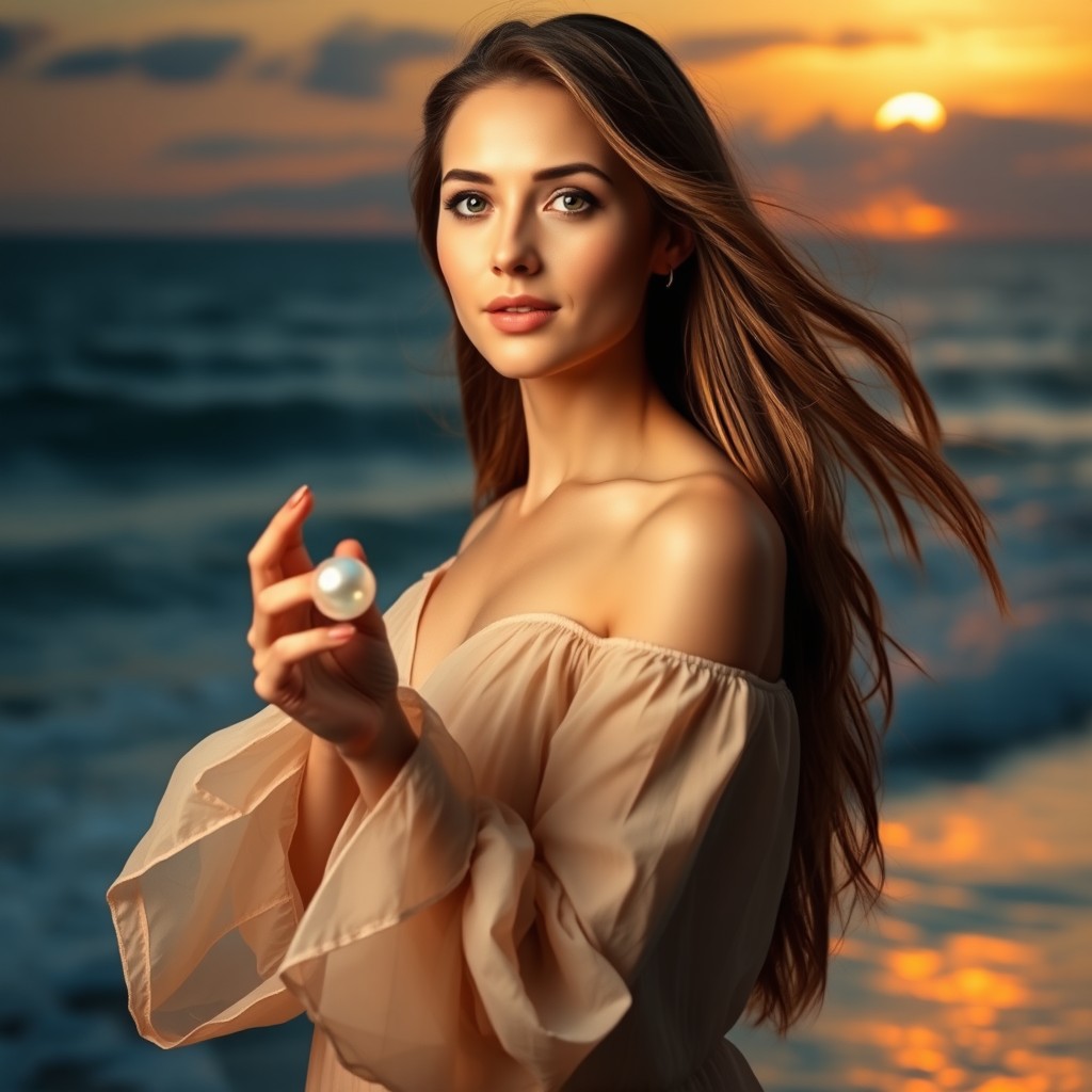 A captivating image of a woman standing by the ocean, gracefully holding a shimmering pearl in her hand