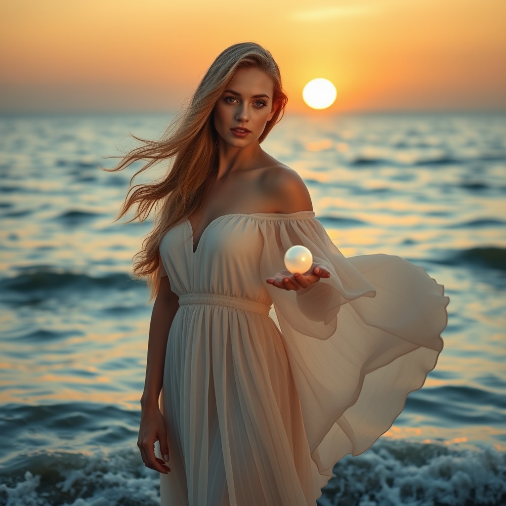 A mesmerizing image of a woman standing at the edge of the ocean, elegantly holding a beautiful pearl in her hand