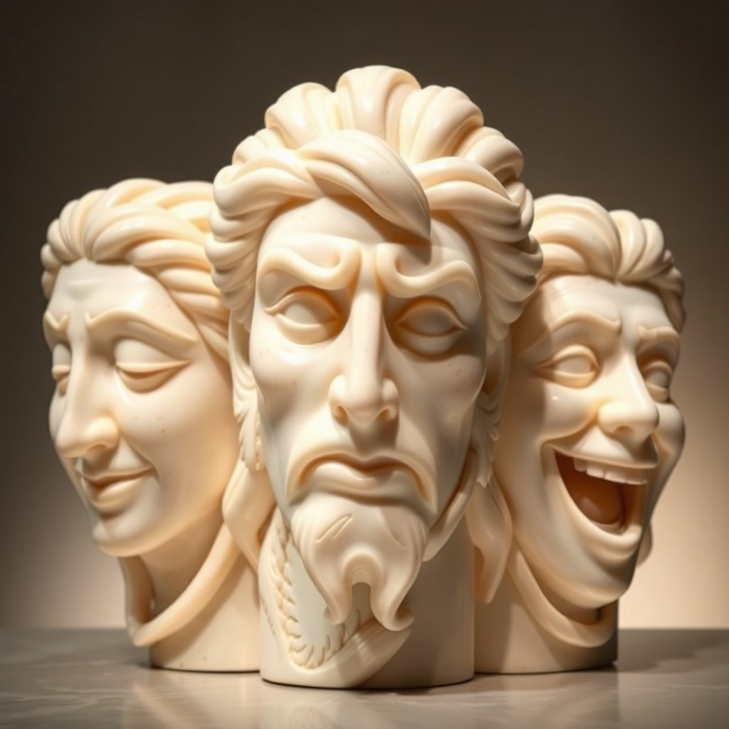 Three intricately carved marble faces, each showcasing unique expressions and features