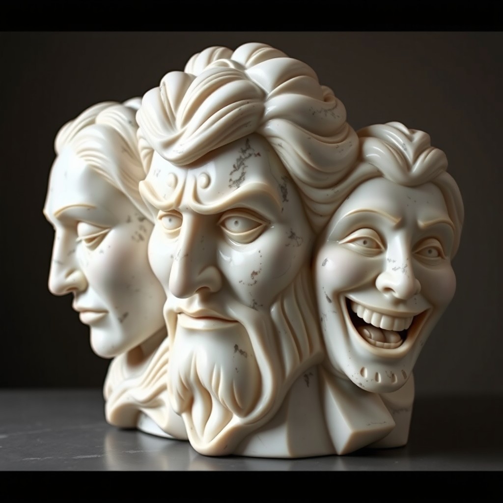 Three intricately carved marble faces, each with distinctive features and expressions that evoke a sense of emotion and character