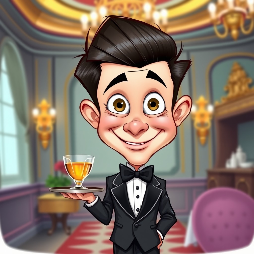 A funny and charming caricature of a loyal page boy, dressed in a classic butler outfit complete with a tuxedo, bow tie, and slicked-back hair