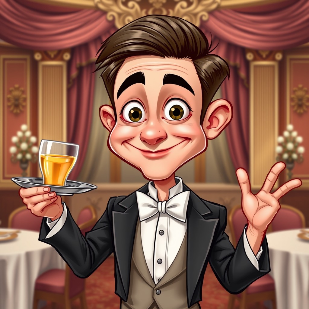 A humorous and delightful caricature of a loyal page boy, depicted in a traditional butler attire, including a tailored tuxedo, a bow tie, and neatly styled hair