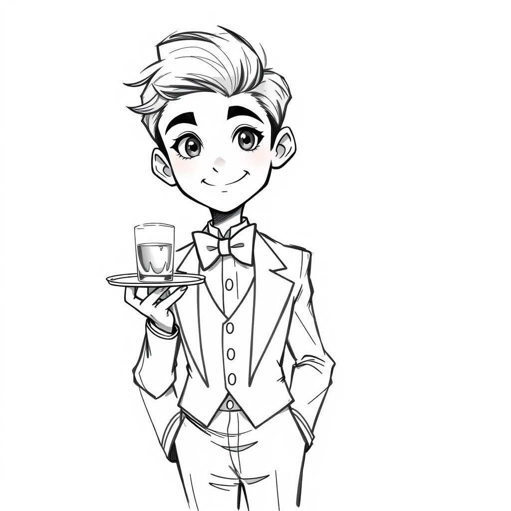A detailed 2D sketch of a loyal page boy, depicted in traditional butler attire, including a classic tuxedo and bow tie