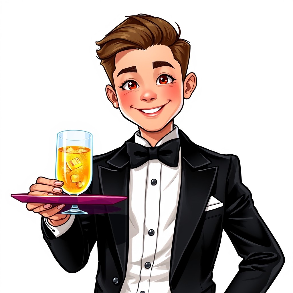 A vibrant 2D color sketch of a loyal page boy, depicted in traditional butler attire featuring a stylish tuxedo and a crisp bow tie