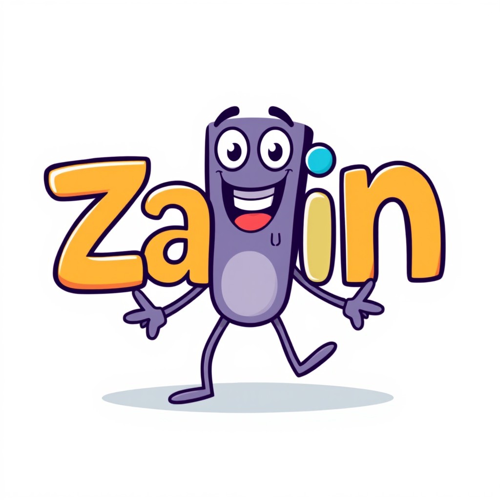 A whimsical character design showcasing the word "Zain" creatively transformed into a playful figure