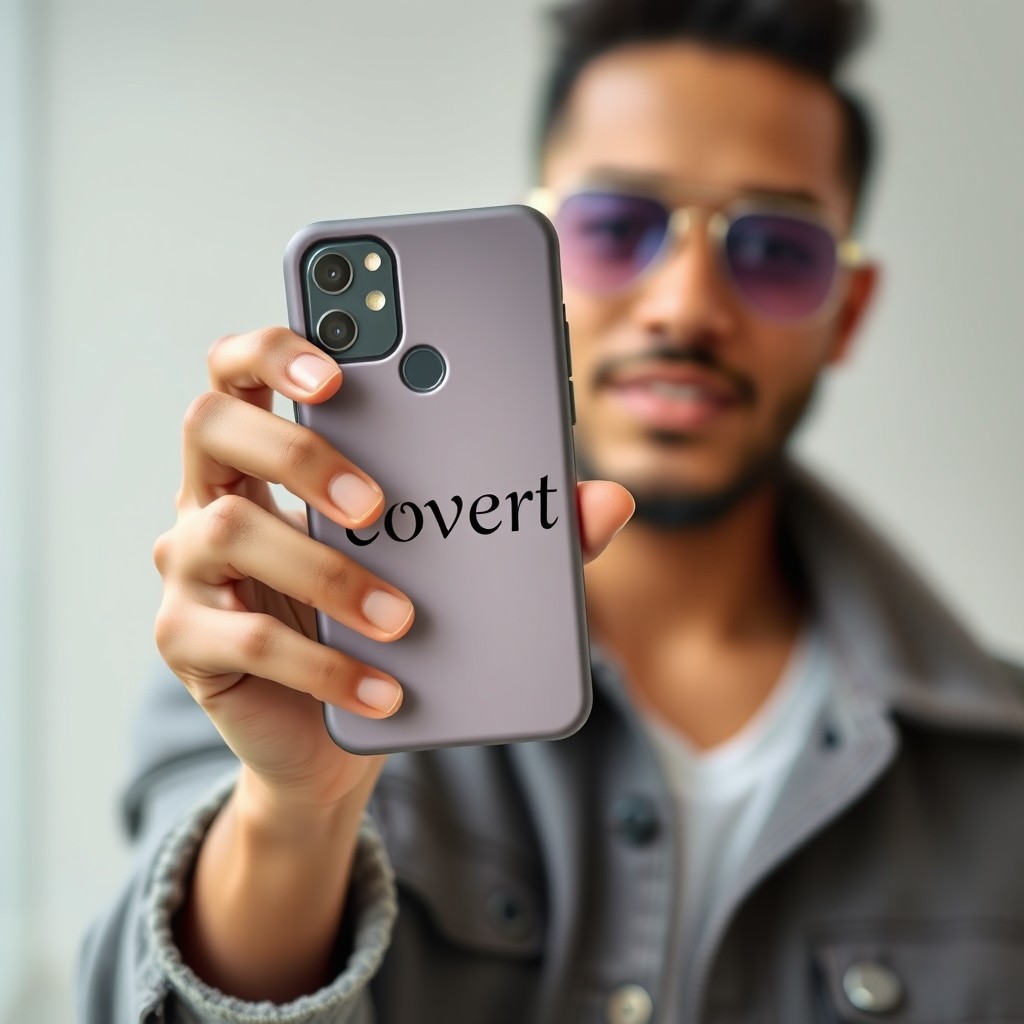 A stylish individual holding a smartphone with a striking and beautifully designed phone cover that features the word 'coverit' elegantly printed on it