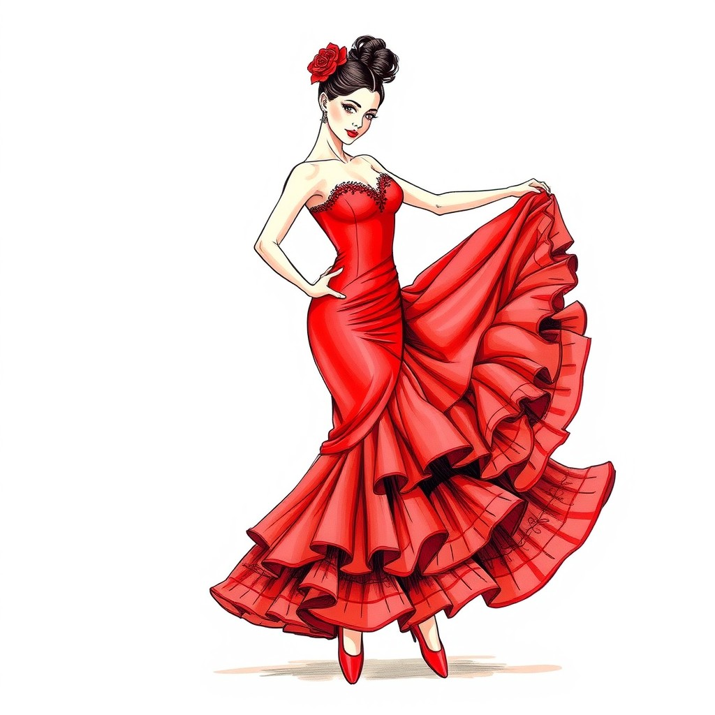 A beautiful and elegant Spanish ballerina, depicted in a vibrant colored sketch