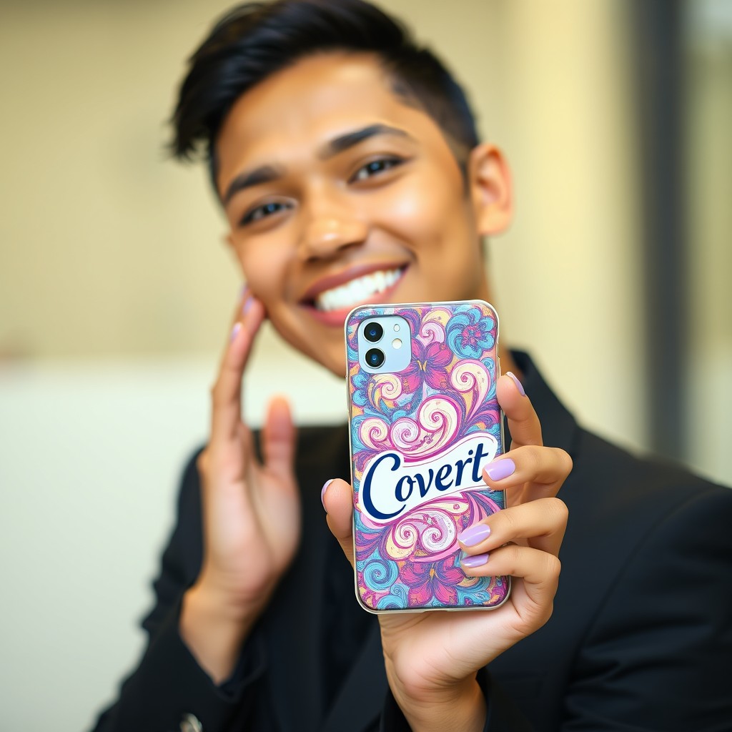 A stylish portrait of a person holding their smartphone, showcasing an intricately designed phone cover that is vibrant and eye-catching, featuring the word 'CoverIt' elegantly displayed