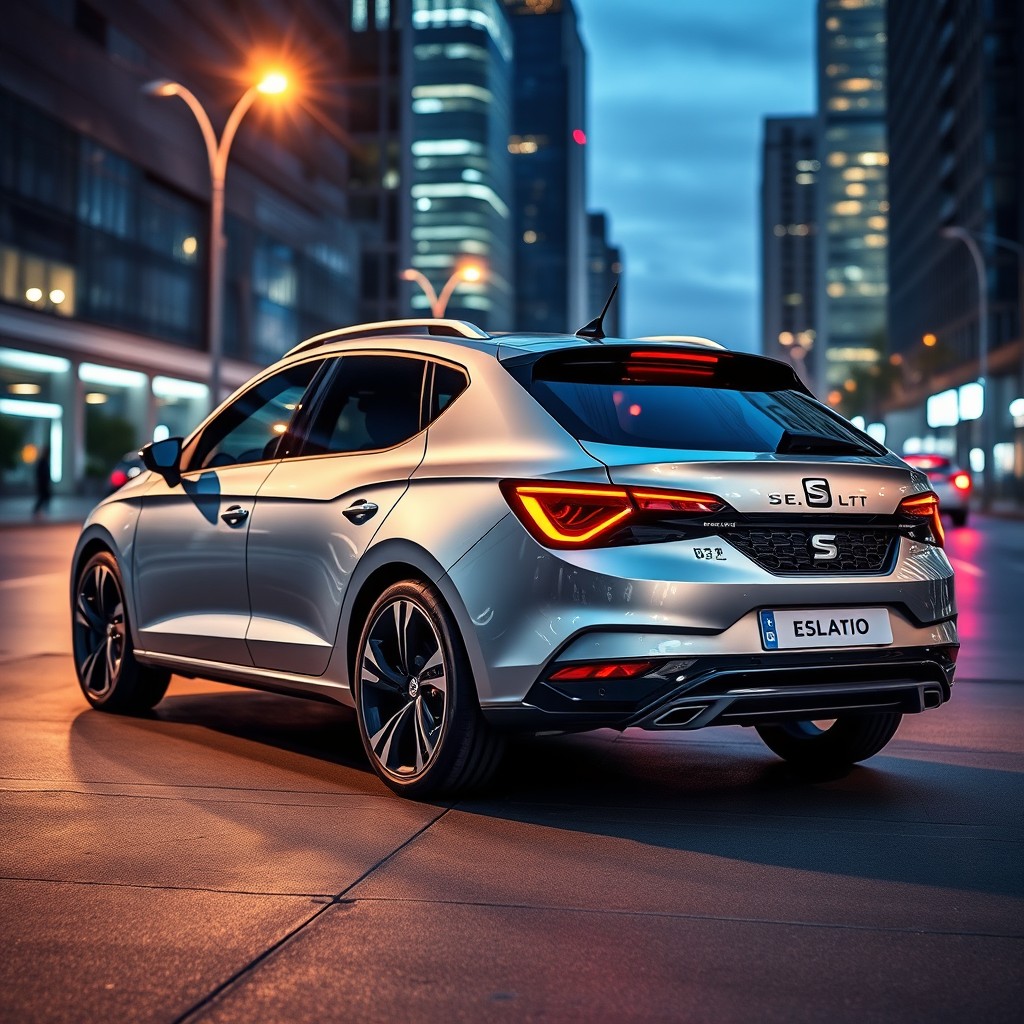 A sleek and modern SEAT León 2028 model captured from a dynamic angle showcasing its aerodynamic design, bold lines, and futuristic details