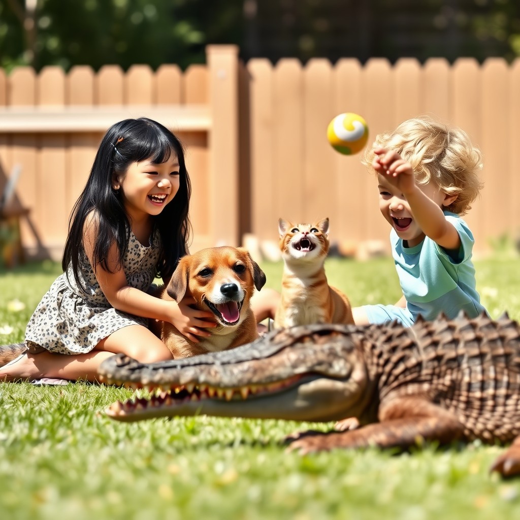 A cheerful scene featuring a black-haired girl interacting joyfully with her pet dog, a friendly crocodile, a playful cat, and a curly-haired 4-year-old boy with blonde hair