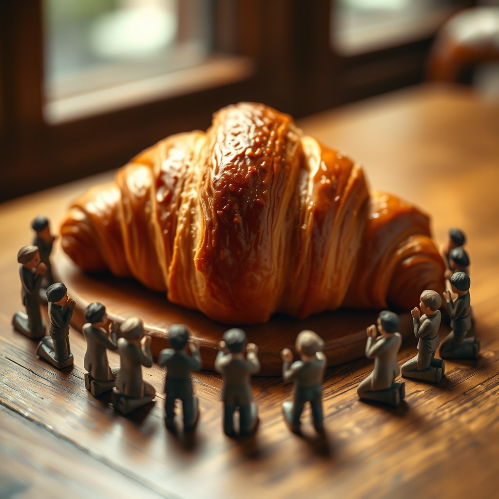 A croissant placed elegantly on a wooden table, surrounded by tiny miniature figures of people with awe-struck expressions