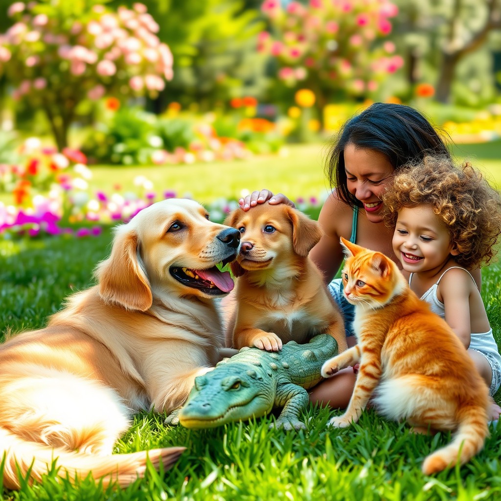 A cheerful scene depicting a black-haired woman playing with her pet dog, a crocodile, and a cat, alongside a curly-haired 4-year-old boy with blond hair