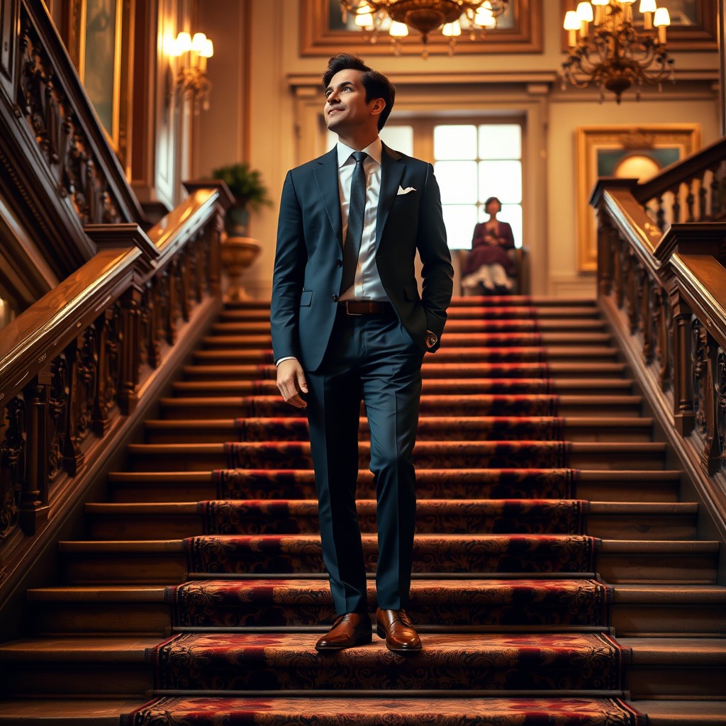 A man standing poised on a set of elegant stairs, dressed in a sophisticated, tailored suit
