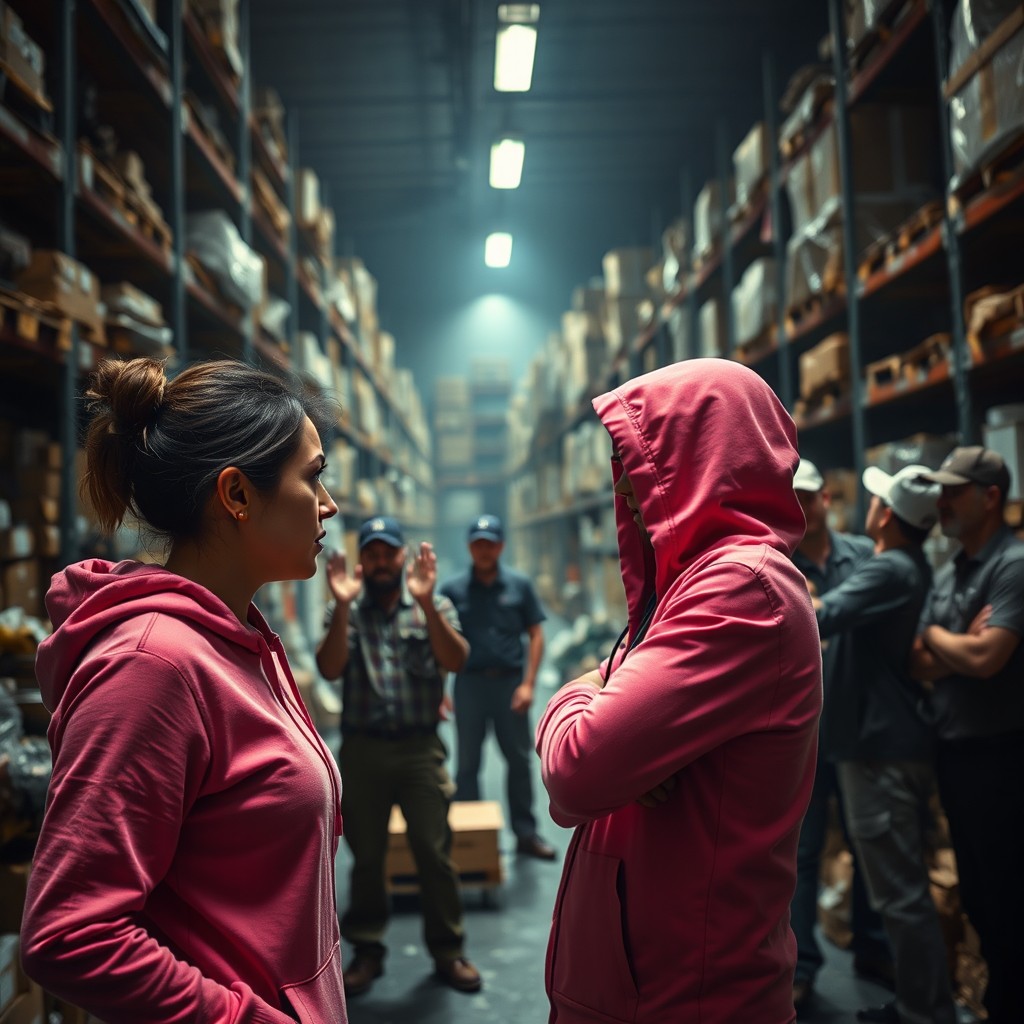 A scene in a dimly lit warehouse filled with shelves and boxes stacked high