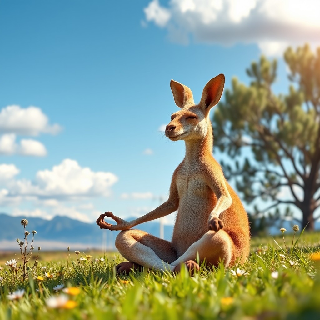 A serene image of a meditating kangaroo sitting cross-legged in a tranquil outback setting