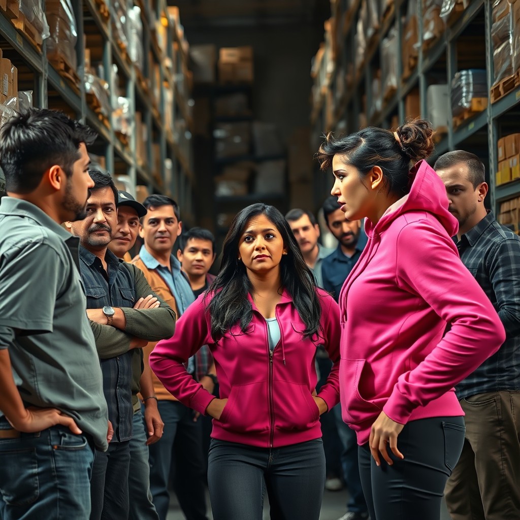 In a chaotic warehouse setting filled with shelves brimming with packages, a determined woman in a vibrant pink hoodie is seen confronting multiple warehouse workers