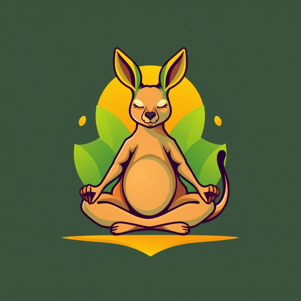 A serene kangaroo in a meditative pose, depicted in a stylized emblem form
