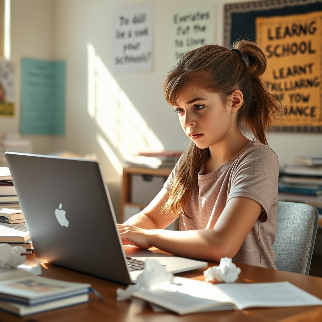 A girl sitting at a desk, looking thoughtfully at an open laptop
