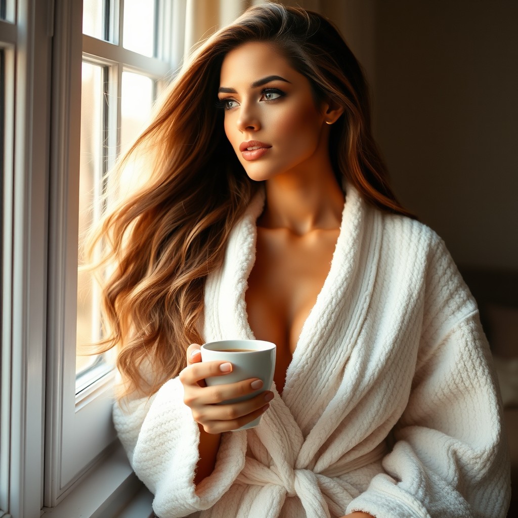 A stunningly beautiful woman with long flowing hair, exuding power and confidence, wearing a luxurious robe while enjoying a cup of coffee