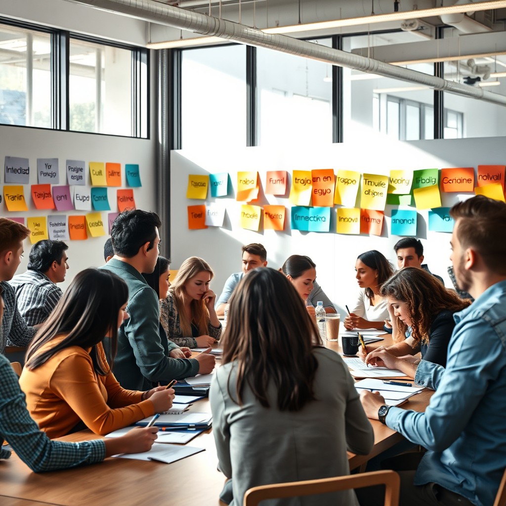 Una dinámica sesión de taller en una oficina moderna donde empleados diversos están participando activamente en la definición de los valores organizacionales
