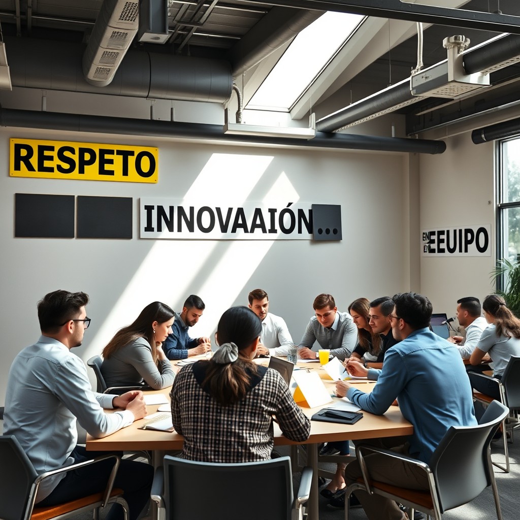 Una vibrante sesión de taller en una oficina contemporánea, donde empleados de diferentes ámbitos están activamente involucrados en la definición de los valores organizacionales