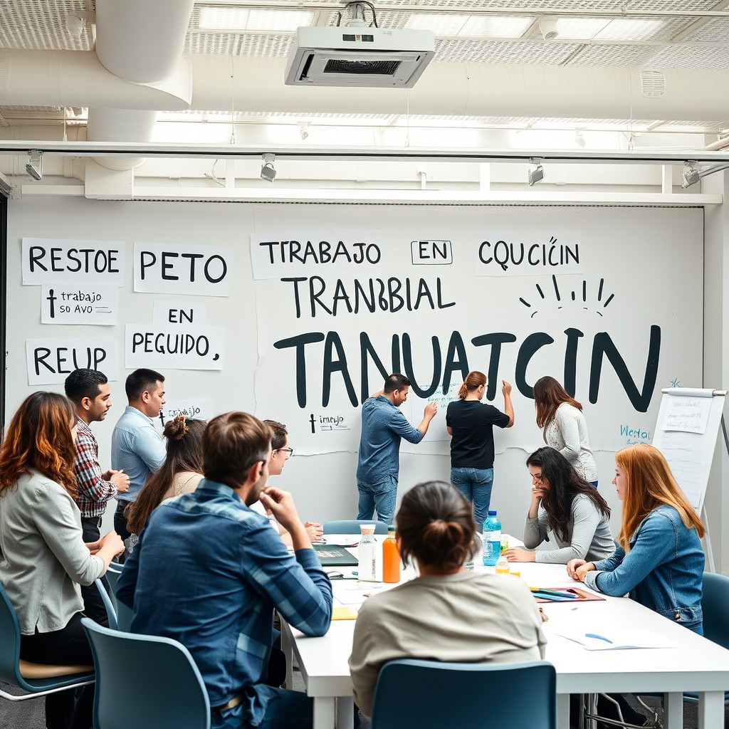Una escena vibrante en una oficina moderna donde empleados están participando en un taller para concretar los valores de la empresa