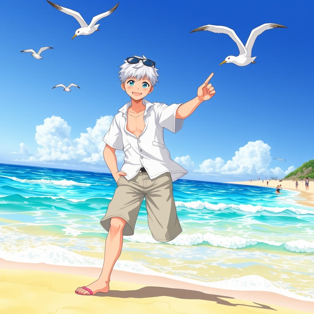 A dynamic scene featuring a character inspired by Satoru Gojo from Jujutsu Kaisen, standing on a beautiful beach