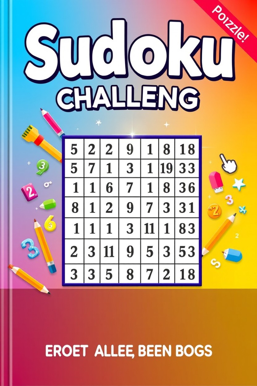 A vibrant and engaging Sudoku puzzle book cover, featuring a large, eye-catching Sudoku grid in the center filled with numbers in various colors, surrounded by playful graphics such as pencils, erasers, and numbers floating around