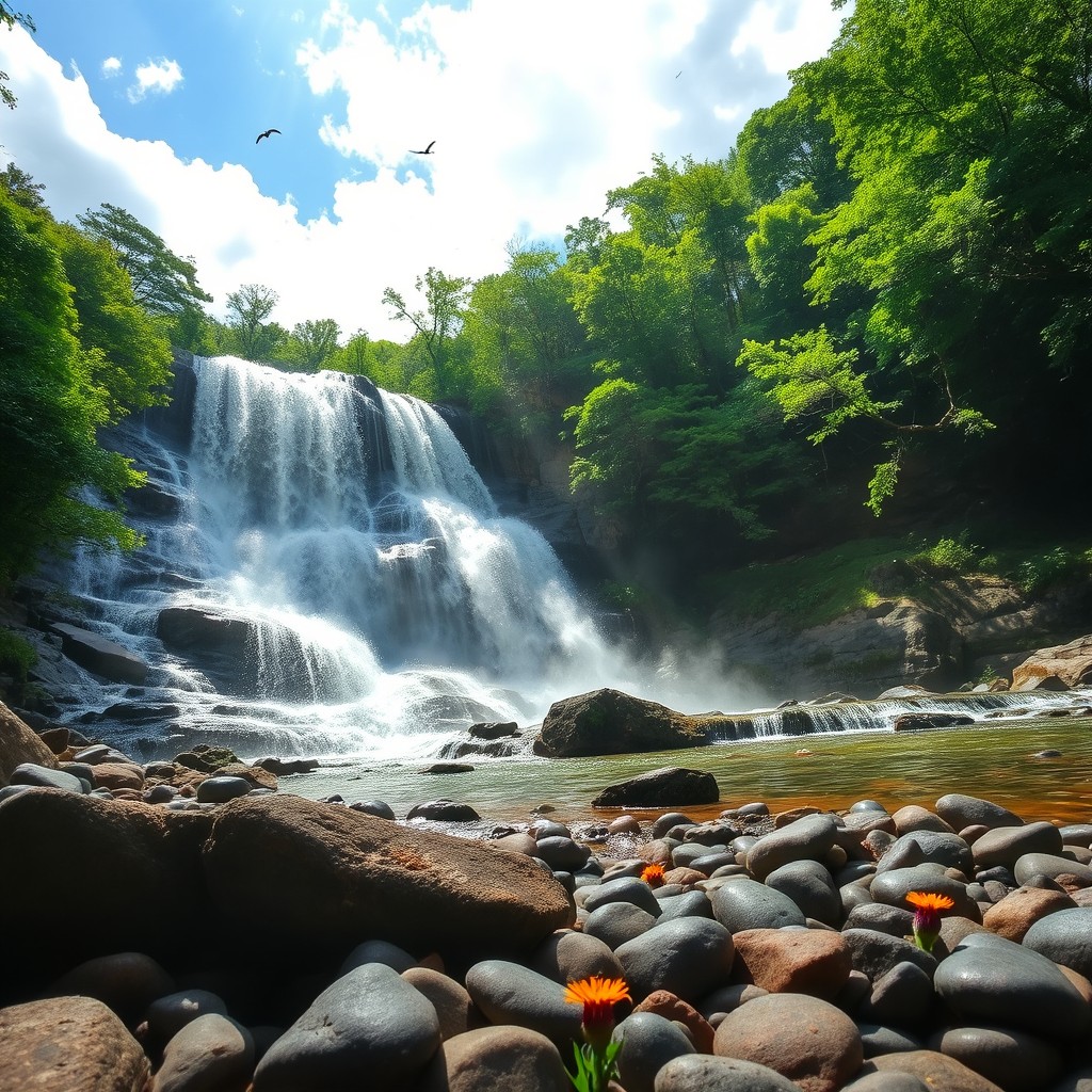 A stunning waterfall cascading down a rocky cliff surrounded by lush, vibrant green foliage