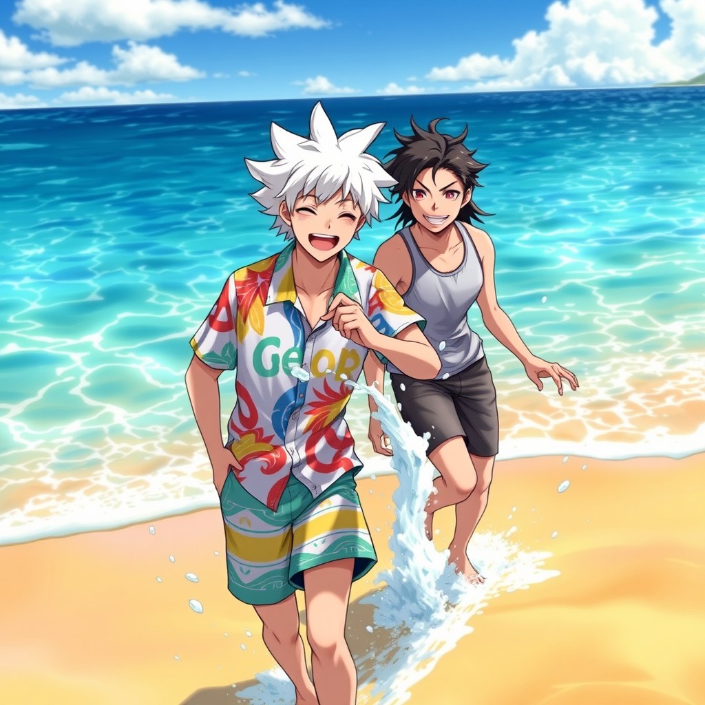 A vibrant and dynamic beach scene featuring two characters inspired by Satoru Gojo and Suguru Geto from Jujutsu Kaisen as adolescents
