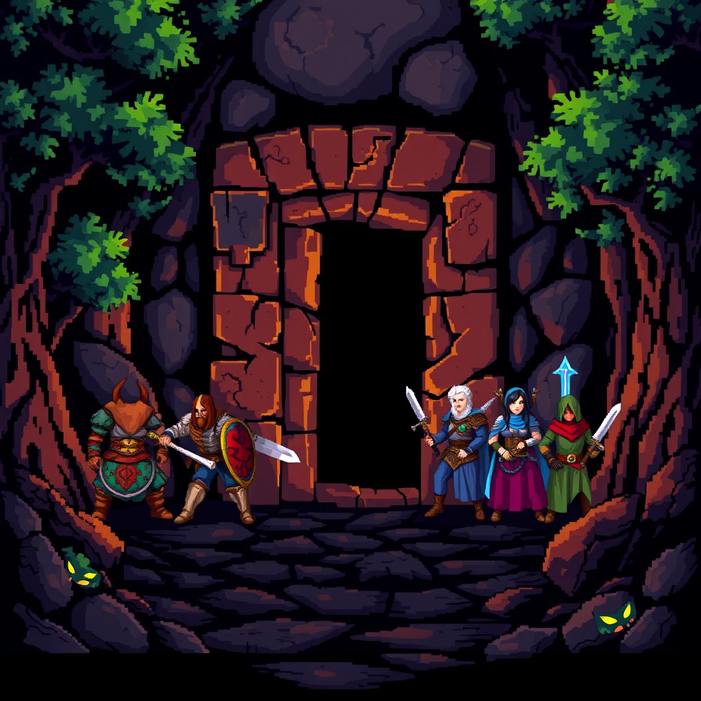A pixel art representation of the entrance to a dungeon, inspired by the adventurers in Diablo 2
