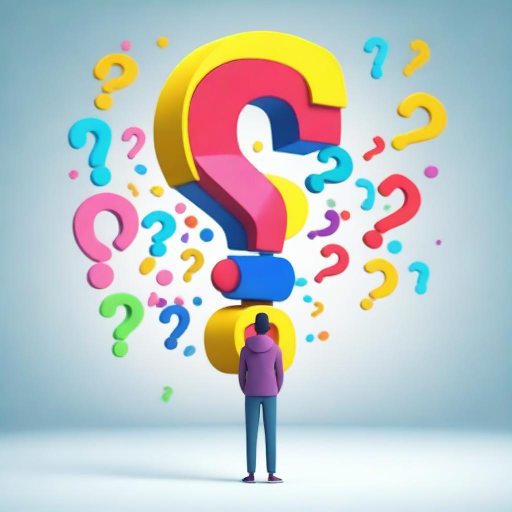 A vibrant animation of a curious individual asking a question, symbolized by a large, colorful question mark floating above their head.