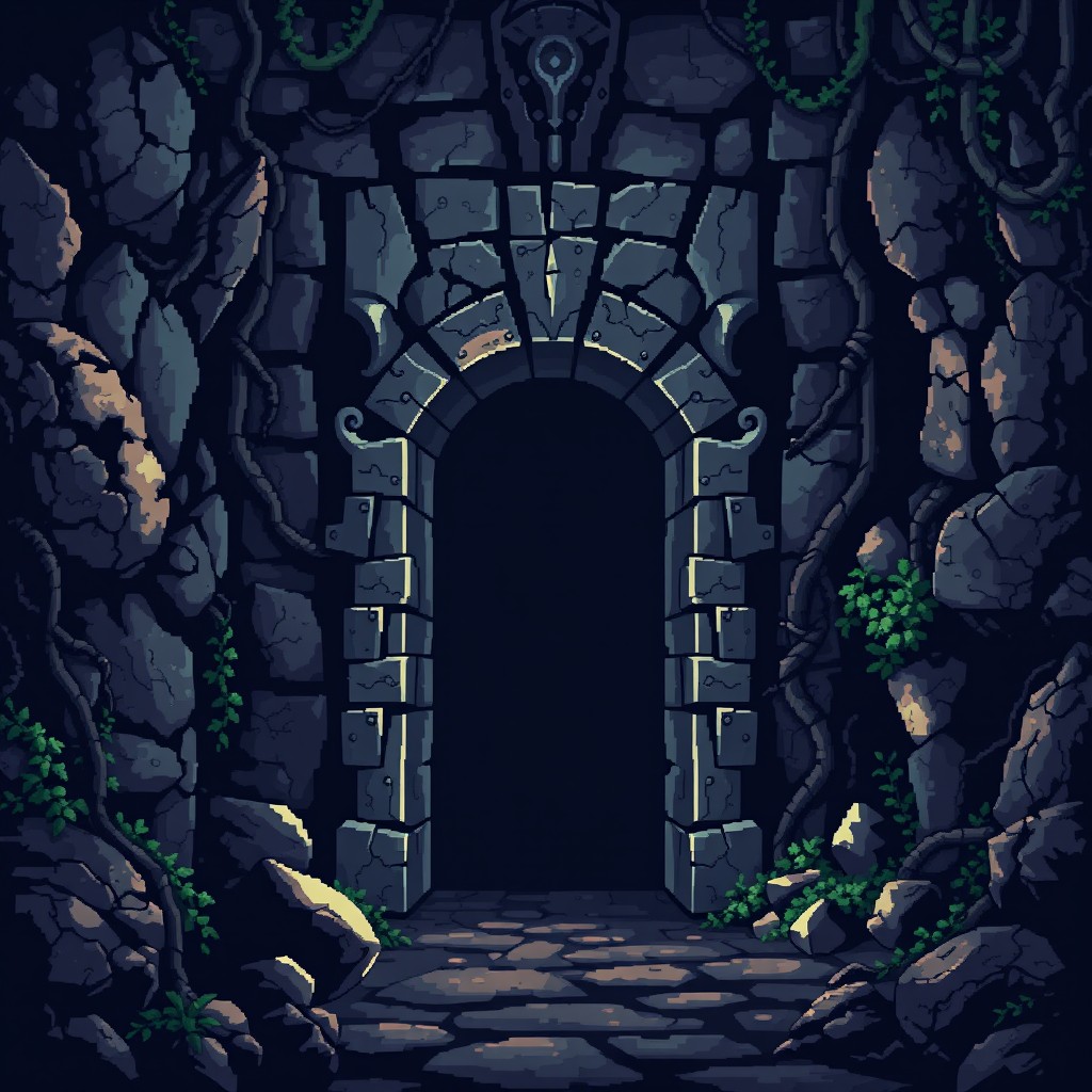 A pixel art representation of the entrance to a dungeon inspired by Diablo 2, focusing on the atmospheric environment without any characters