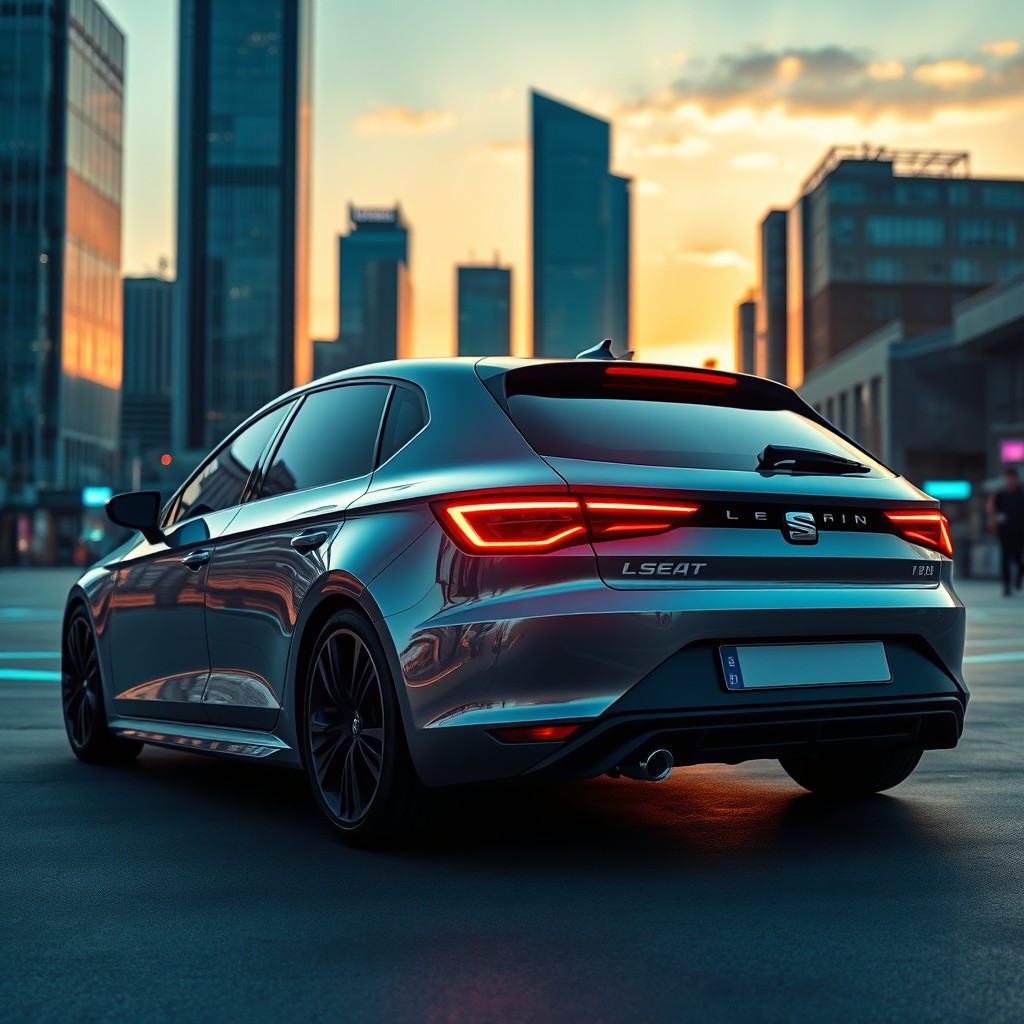 A futuristic SEAT Leon, showcasing sleek, aerodynamic design with sharp lines, mesmerizing LED lights, and a glossy metallic finish