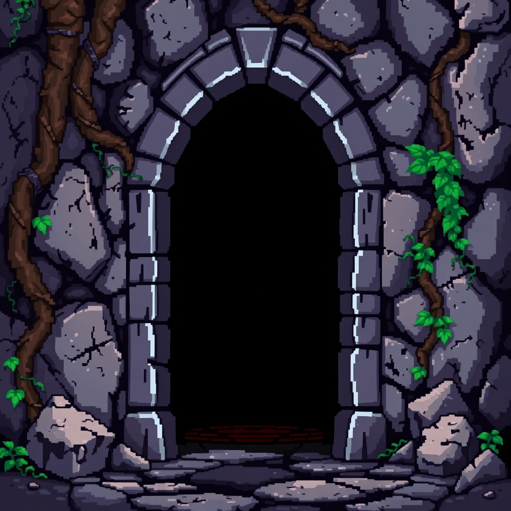 A pixel art illustration of the entrance to a dungeon inspired by Diablo 2, without any characters present