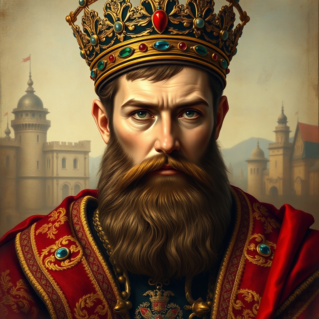 A highly realistic portrait of King Stefan the First-Crowned of the Nemanjić dynasty, depicting him with a regal expression and wearing an elaborate crown adorned with jewels