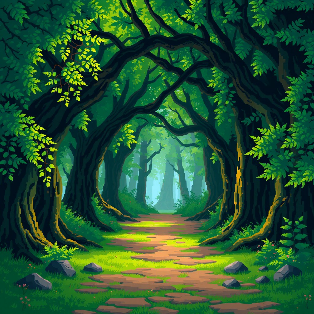 A pixel art depiction of a serene forest entrance inspired by the ambiance of Diablo 2, featuring lush greenery and an inviting path that leads into the depths of the woods