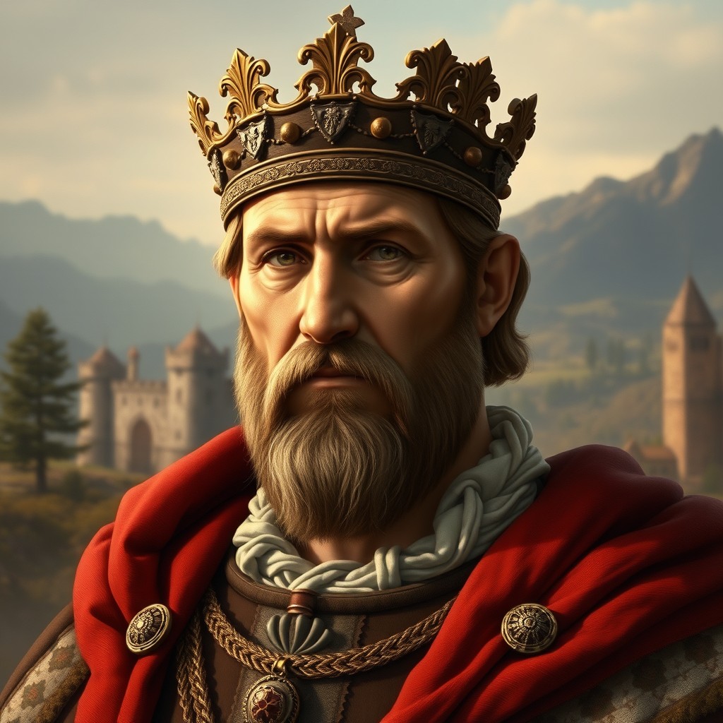 A realistic portrait of King Dragutin Nemanjić, characterized by regal attire typical of medieval Serbian royalty, adorned with an intricate crown