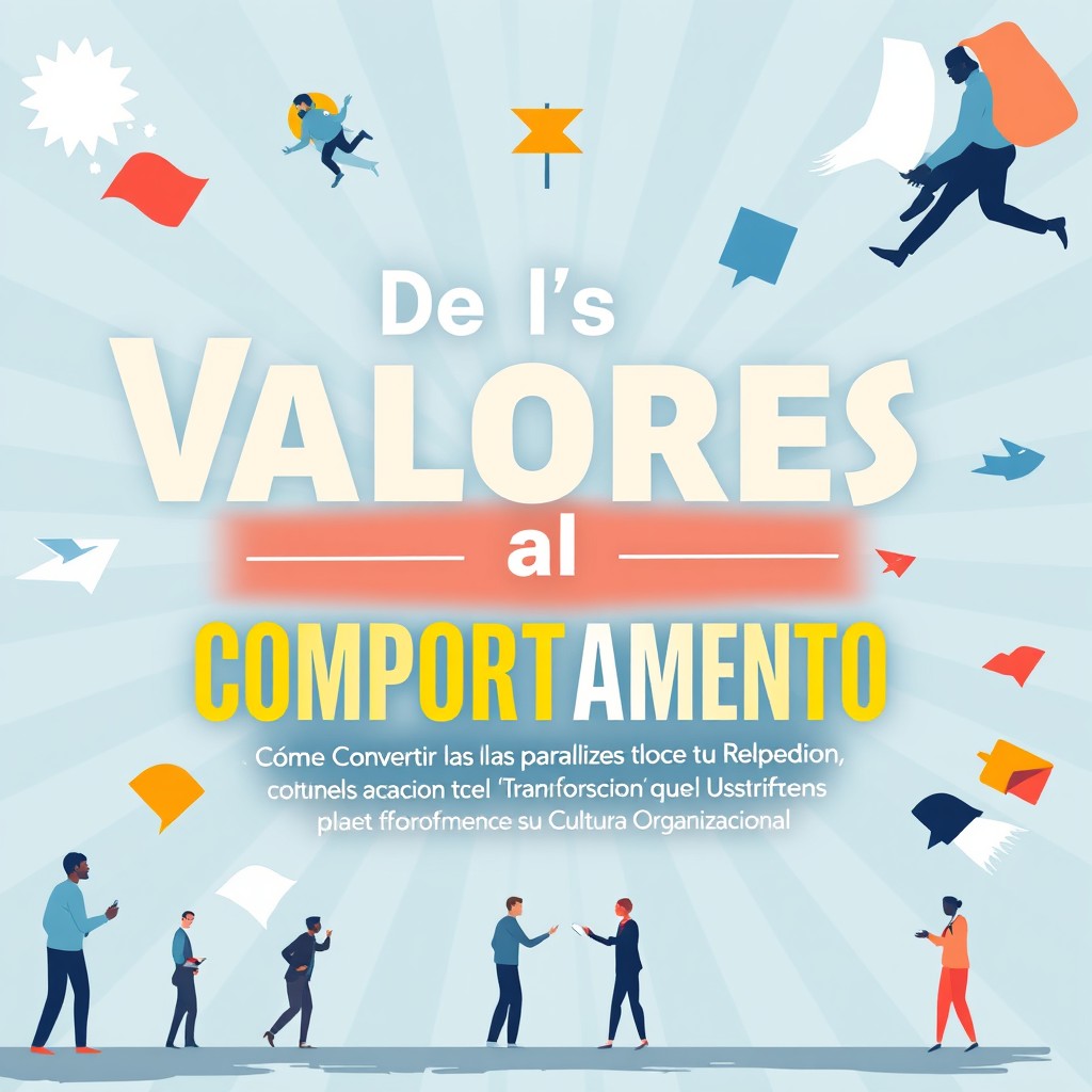 Una portada de alto impacto visual para un ensayo, que presenta el texto en español 'De los Valores al COMPORTAMIENTO: Cómo Convertir las Palabras en Acciones que Transforman su Cultura Organizacional'
