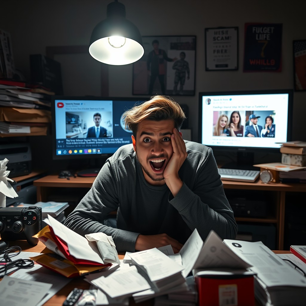 A famous YouTuber looking shocked and betrayed while sitting at a desk cluttered with packages and bills