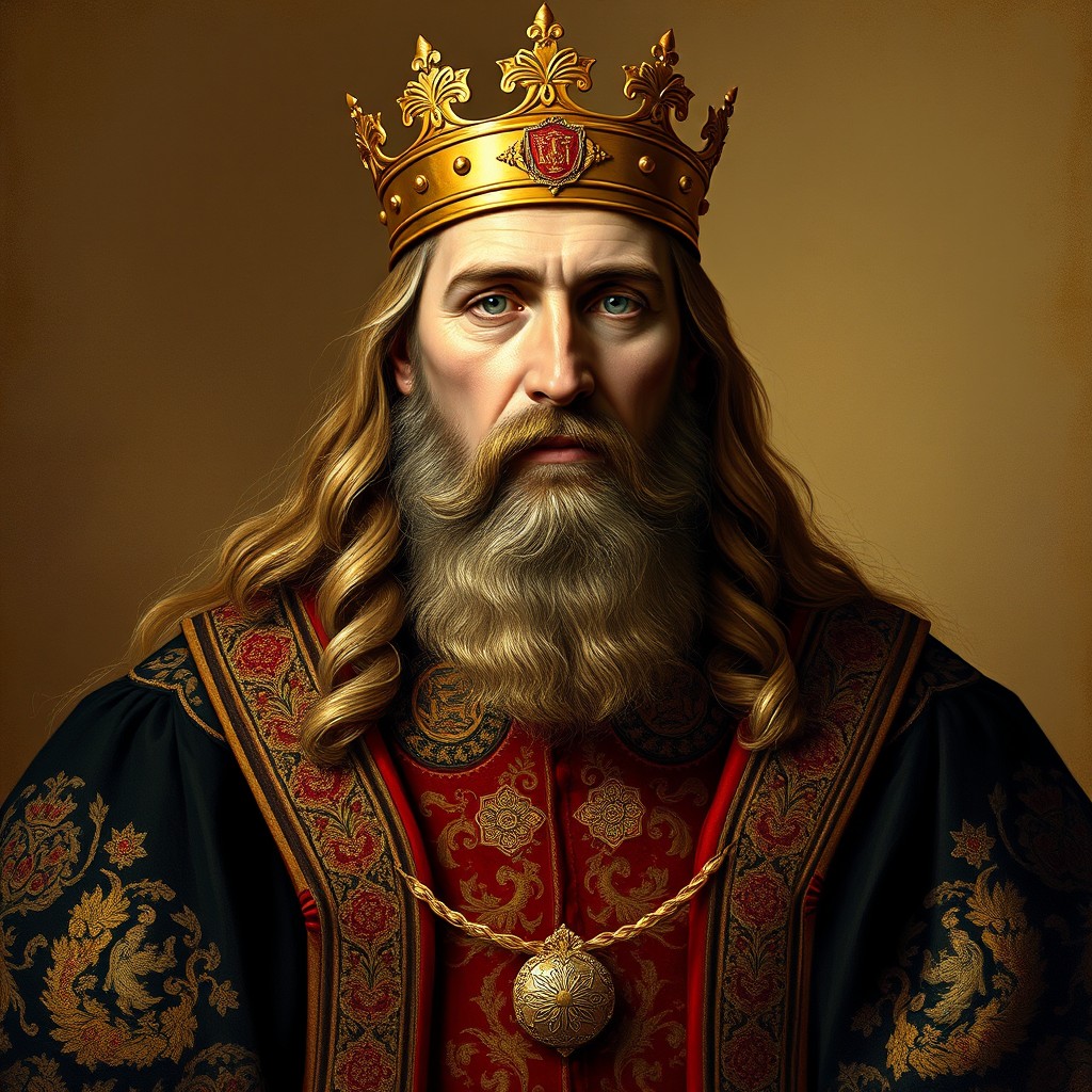 A realistic portrait of King Stefan Uros III Decanski Nemanjic, depicted as a regal figure in traditional Serbian royal attire