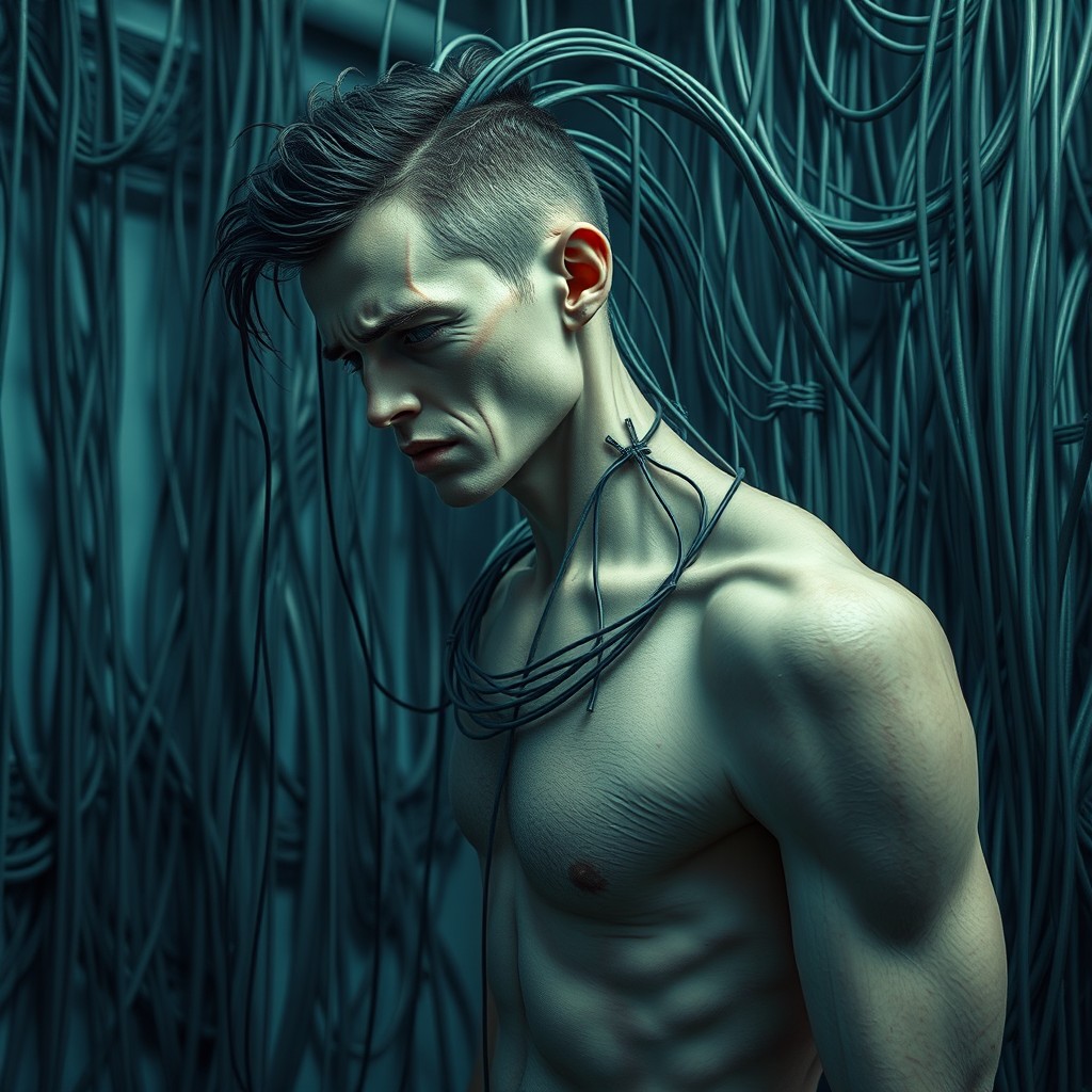 A realistic seminudist male figure, full body view, slender build, connected to various thickness cables all over his body, including his head, displaying an expression of despair