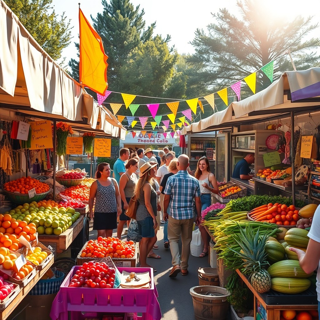 A bustling outdoor market scene filled with vibrant stalls showcasing colorful fruits, vegetables, and handmade crafts