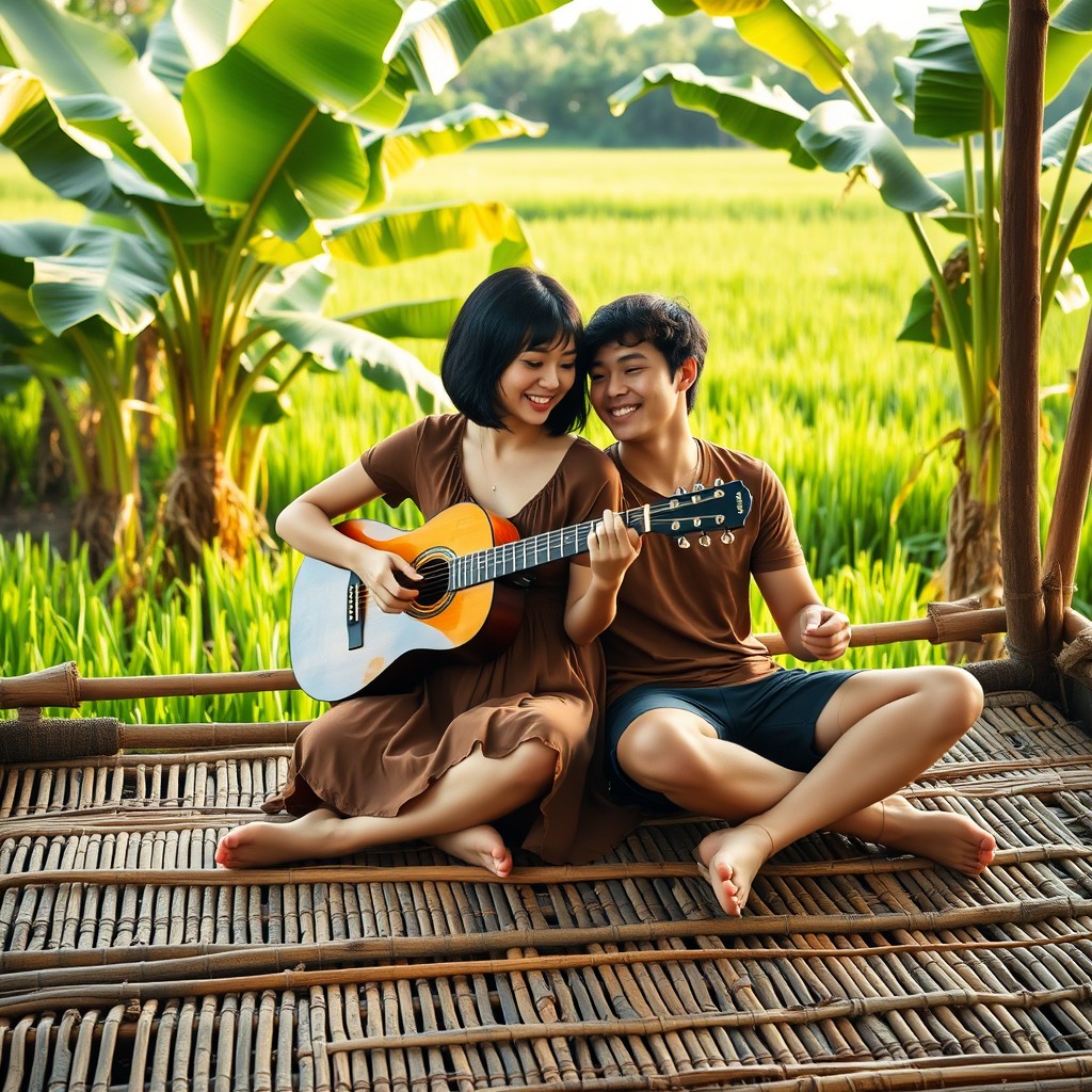 A beautiful woman resembling Cut Tari, with short black hair, playing the guitar while sitting cross-legged on a bamboo bed