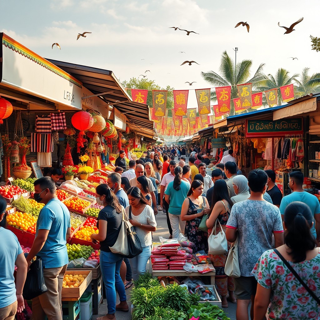 A vibrant and bustling outdoor market scene filled with colorful stalls selling fresh fruits, vegetables, flowers, and handmade crafts