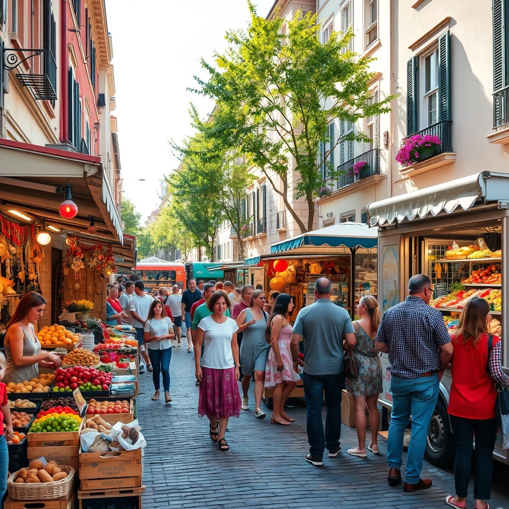 A lively street market scene held on a quaint cobblestone street, bustling with activity