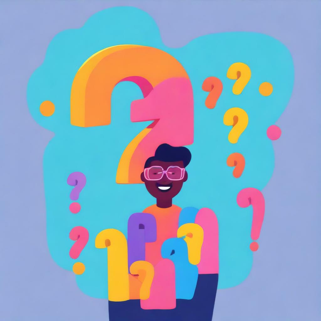 A vibrant animation of a curious individual asking a question, symbolized by a large, colorful question mark floating above their head.