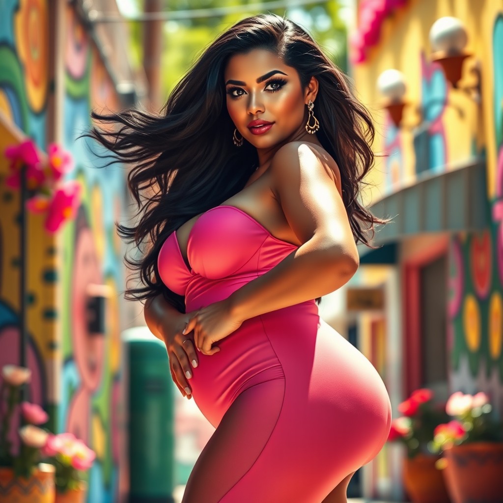 A vibrant and colorful depiction of a beautiful thick Hispanic woman exuding confidence and charisma