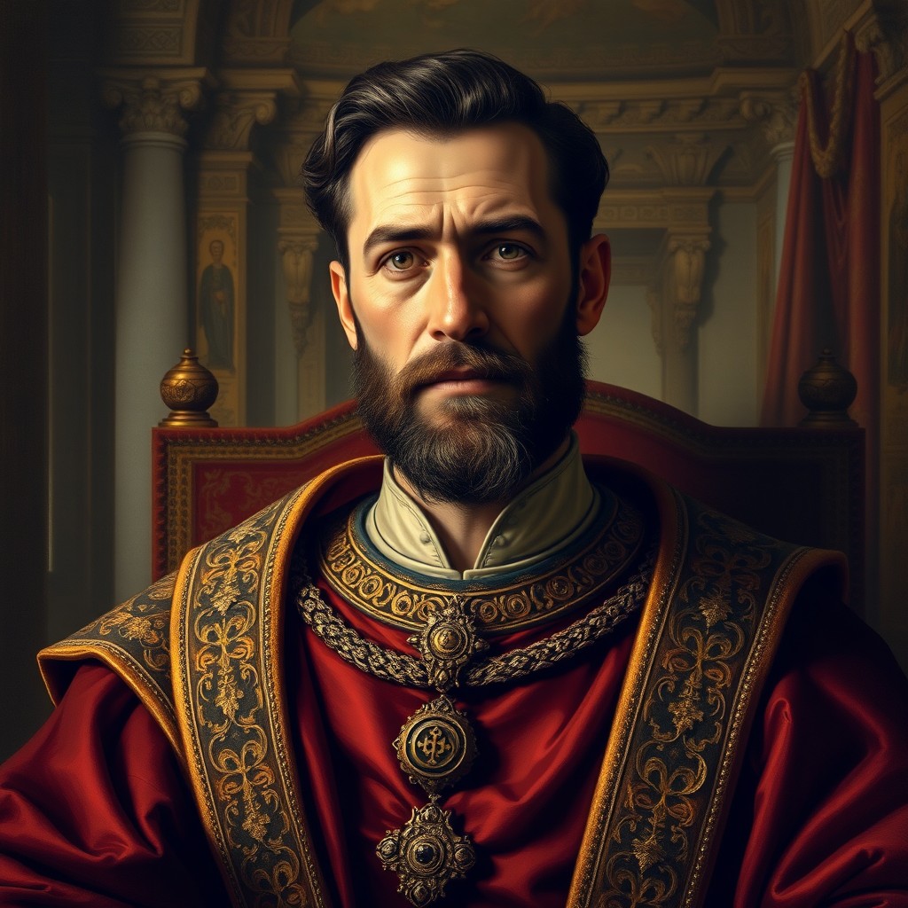 A realistic portrait of King Milutin Nemanjic, inspired by historical frescoes